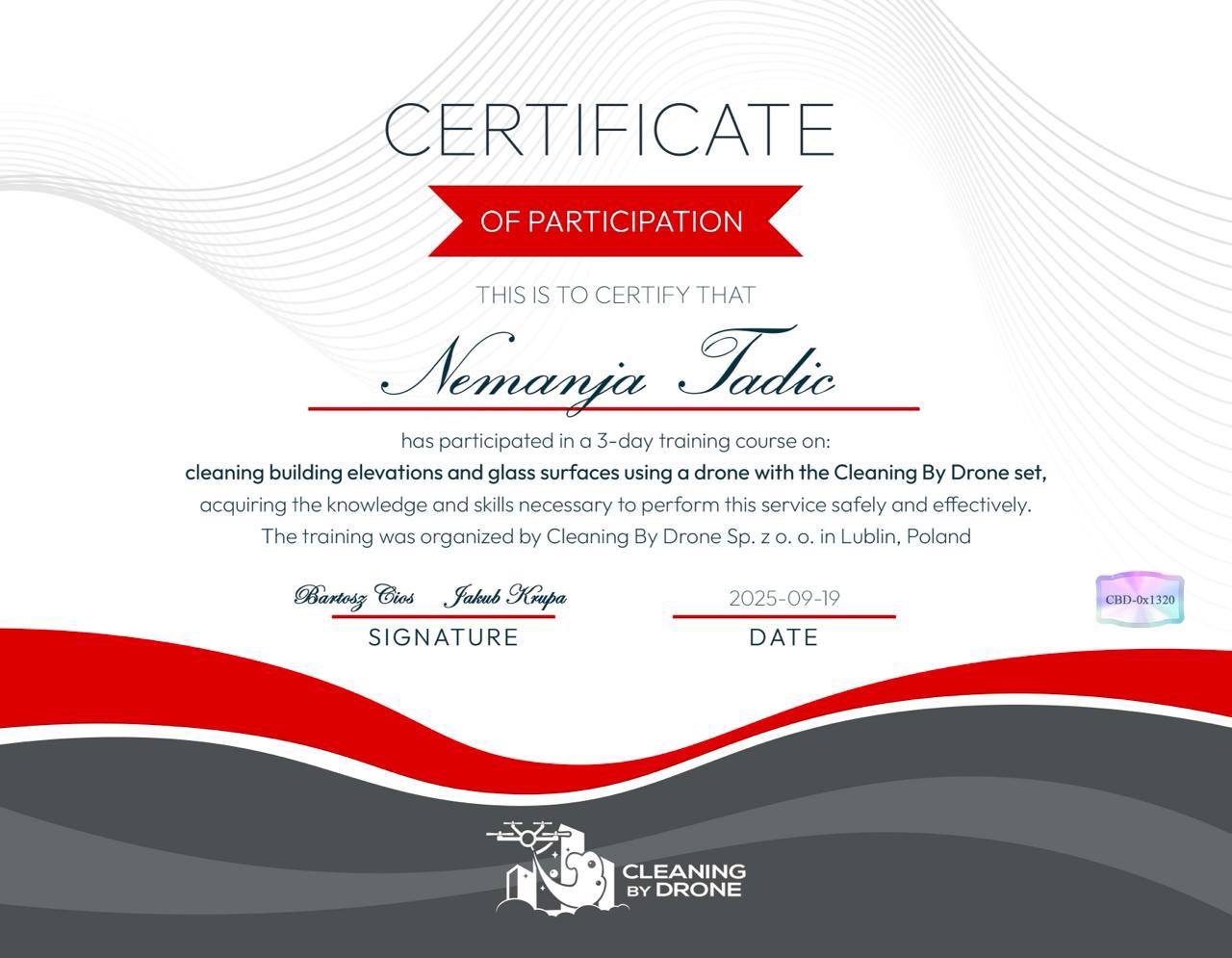 Official CleaningByDrone Certificate